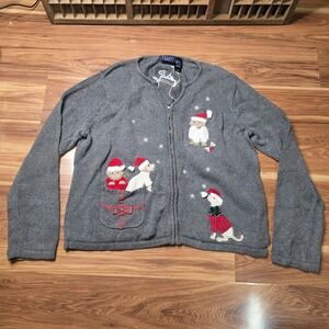 Crazy Horse Cardigan Sweater Womens Petite XL Gray Dog Ugly Christmas‎ Full Zip